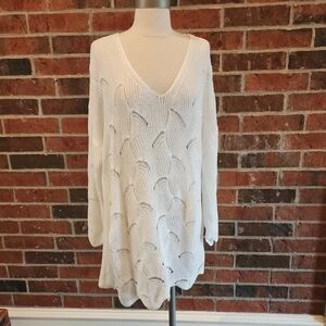 Women's White V-Neck Knit Sweater Open Crochet XL